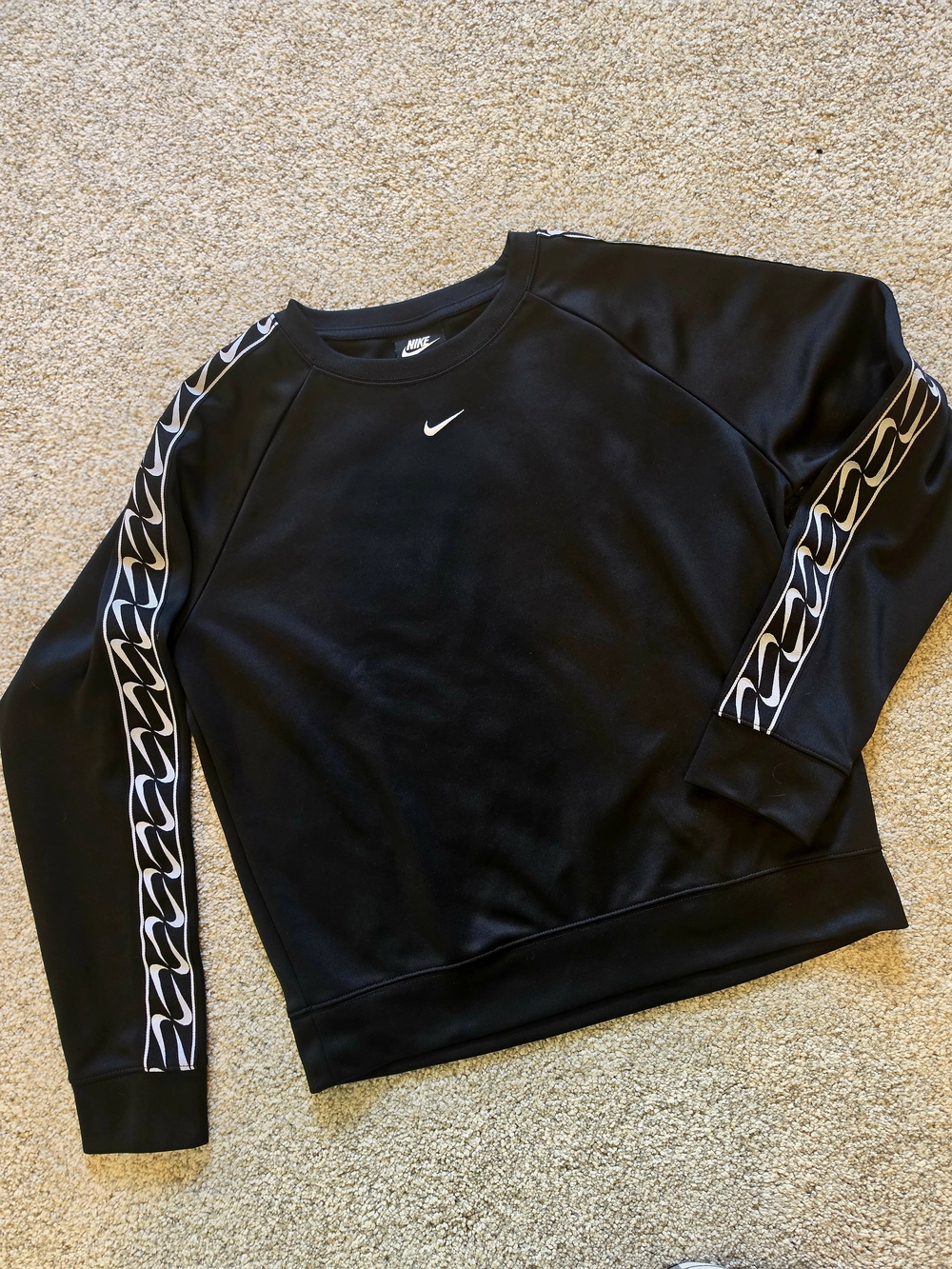 Nike Black Crew Sweatshirt with White Swoosh and Contrast Sleeve Trim